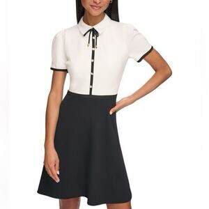 Karl Lagerfeld Paris Contrast Collar A-Line Dress Black White Size 16 Chic